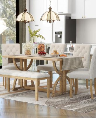 Merax 6 Pieces Wood Dining Table Set with Bench, Retro Rectangular Table with Unique Legs and 4 Upholstered Chairs & 1 Bench for Dining Room and Kitchen (Natural Wood Wash+Beige)