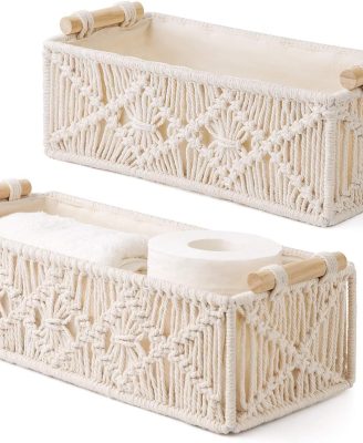 Mkono Macrame Storage Baskets Boho Decor Box Handmade Woven Decorative Countertop Toilet Tank Shelf Cabinet Organizer for Bedroom Livingroom Home, Set of 2, Ivory