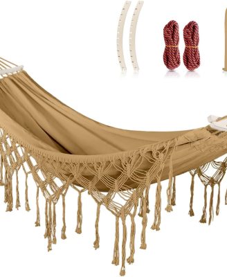MOSFiATA Backyard Hammock with Tassels Max 500lbs Canvas Fabric Bohemian Style with Thickened Rope and Carry Bag for Outdoor, Garden, Patio, Wedding Decor (Khaki)