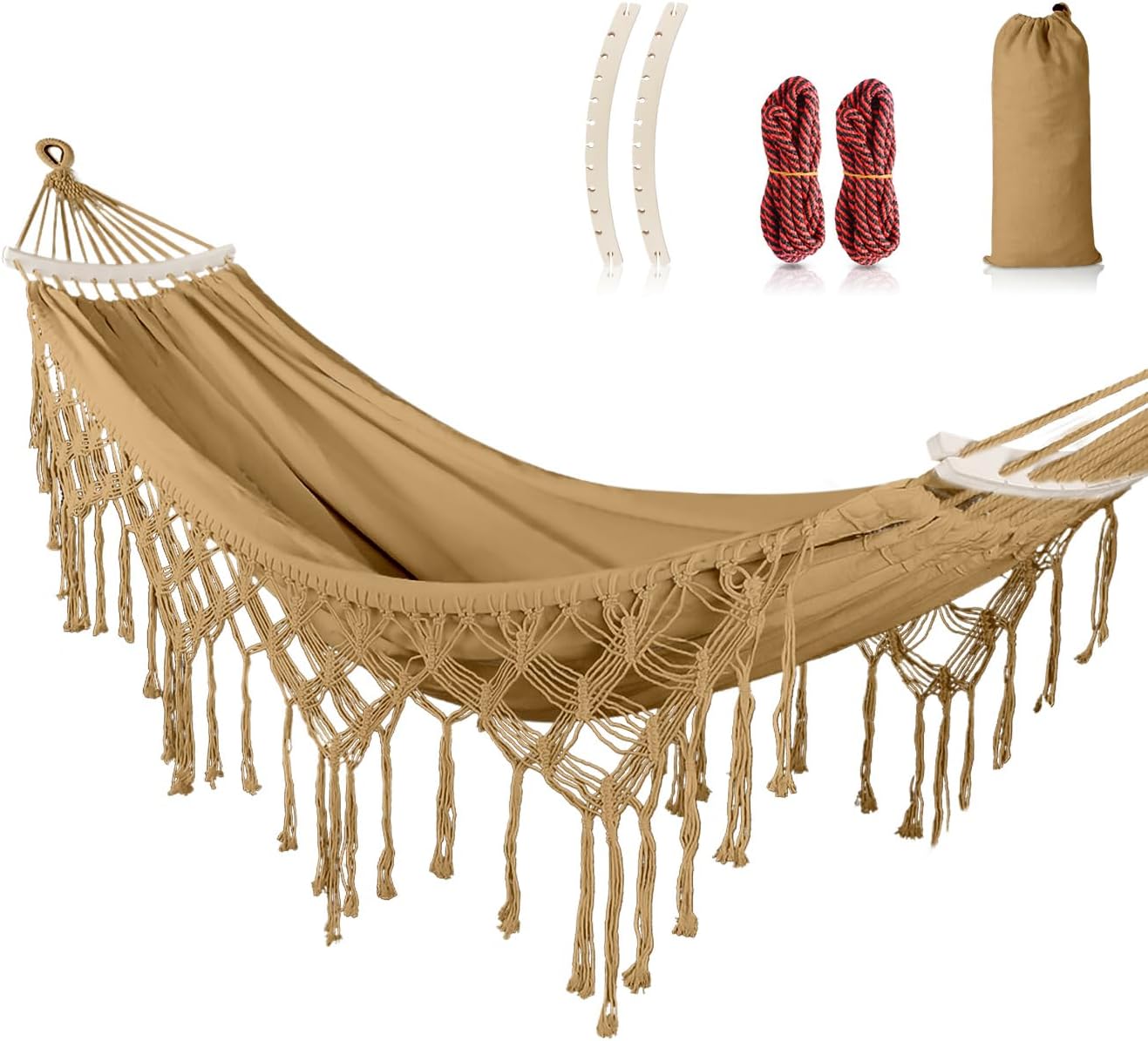 MOSFiATA Backyard Hammock with Tassels Max 500lbs Canvas Fabric Bohemian Style with Thickened Rope and Carry Bag for Outdoor, Garden, Patio, Wedding Decor (Khaki)
