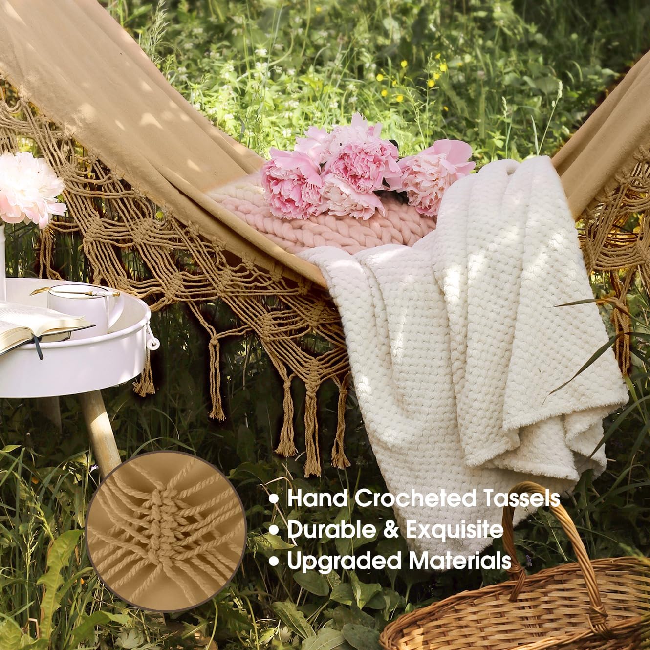 MOSFiATA Backyard Hammock with Tassels Max 500lbs Canvas Fabric Bohemian Style with Thickened Rope and Carry Bag for Outdoor, Garden, Patio, Wedding Decor (Khaki) - Image 3