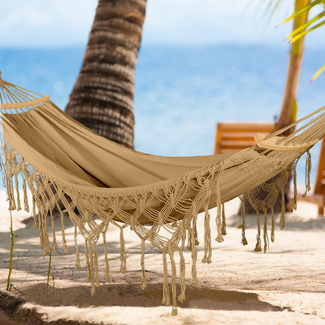 MOSFiATA Backyard Hammock with Tassels Max 500lbs Canvas Fabric Bohemian Style with Thickened Rope and Carry Bag for Outdoor, Garden, Patio, Wedding Decor (Khaki) - Image 6