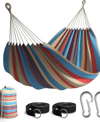 Sorbus® Brazilian Double Hammock - Extra-Long Two Person Portable Hammock Bed for Indoor or Outdoor Spaces - Hanging Rope, Carrying Pouch Included (Blue/Sand/Purple/Red Stripes)
