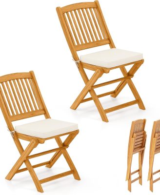 Tangkula 2 Pieces Folding Outdoor Dining Chairs, Acacia Wood Patio Chairs with Soft Cushions, Slatted Backrests and Seats, Outdoor Chairs for Porch, Balcony, Deck and Yard (One-Size,Beige,2)
