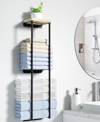 Towel Racks for Bathroom, 2 Tier Wall Towel Holder with Wood Shelf, Metal Wall Mounted Towel Rack Bathroom Organizers and Storage, Black